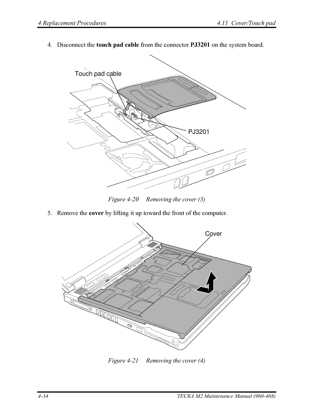 Toshiba tecra m2 manual Touch pad cable PJ3201, Cover 