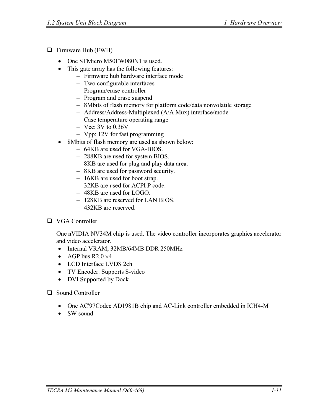 Toshiba tecra m2 manual System Unit Block Diagram Hardware Overview 