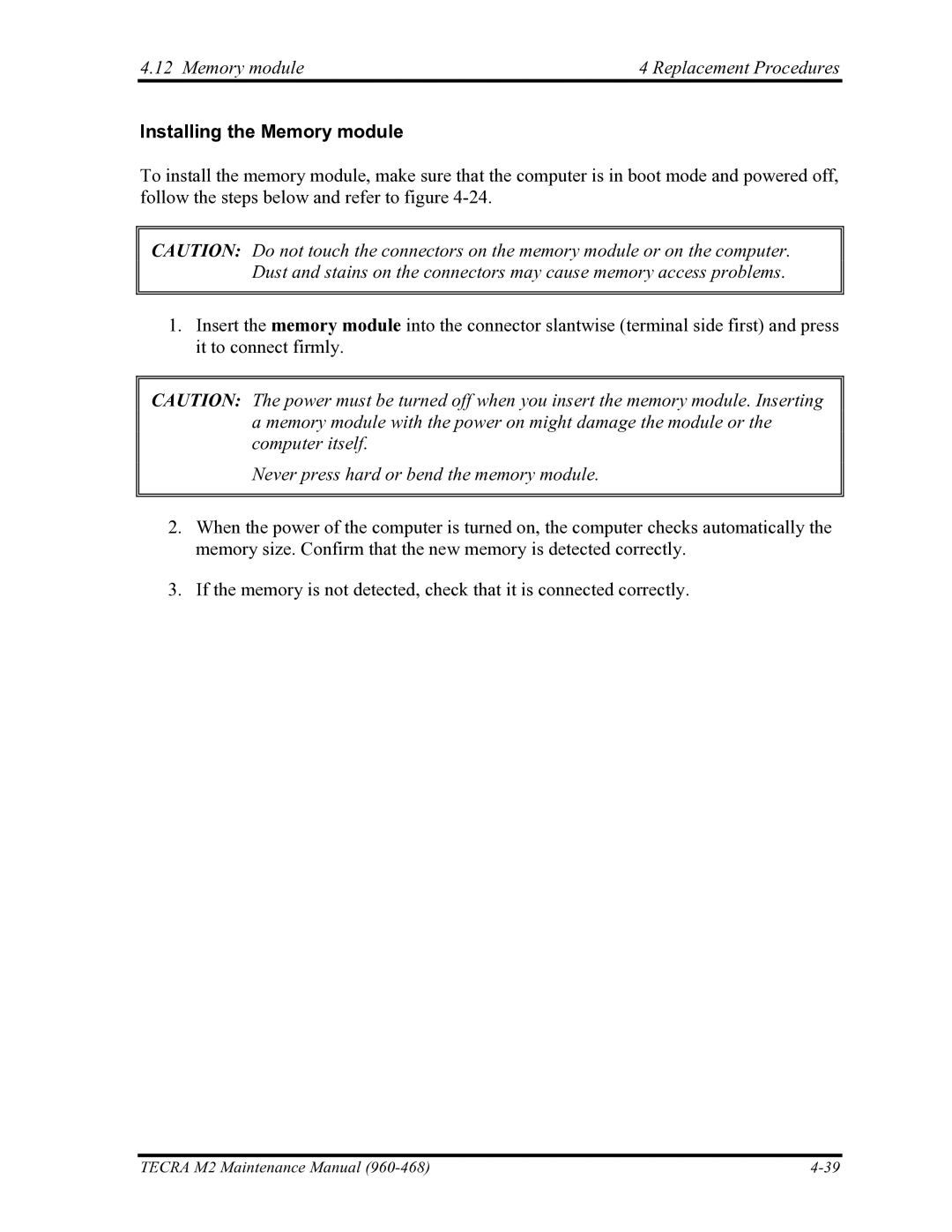 Toshiba tecra m2 manual Memory module Replacement Procedures, Installing the Memory module 