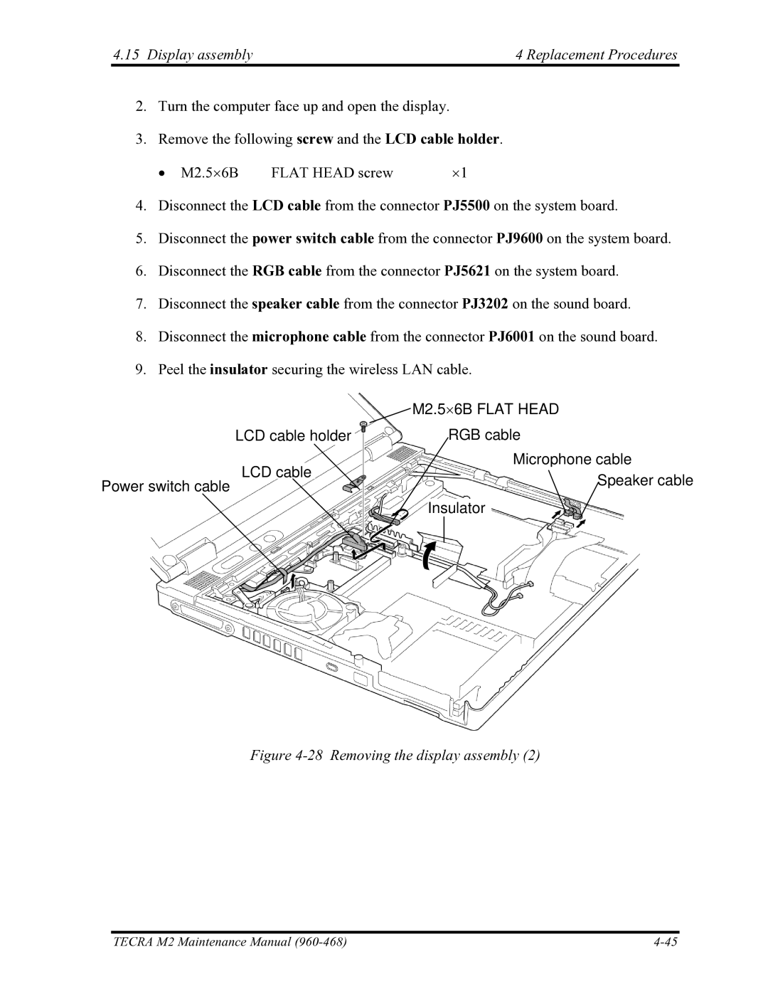 Toshiba tecra m2 manual Display assembly Replacement Procedures, Removing the display assembly 