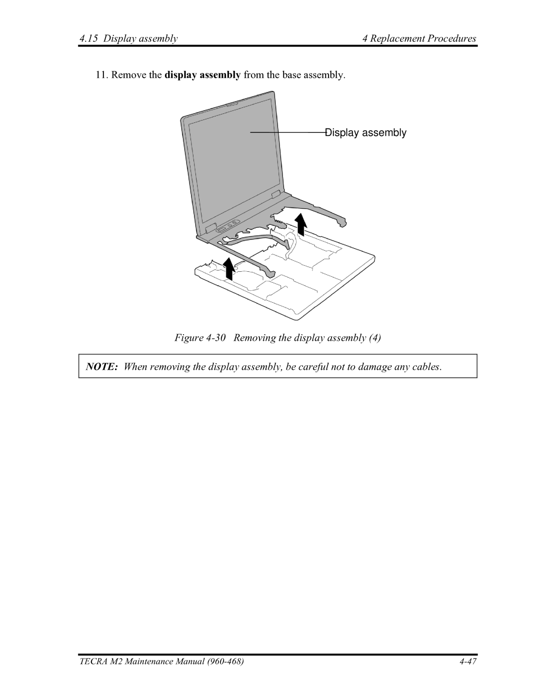 Toshiba tecra m2 manual Display assembly, Removing the display assembly 