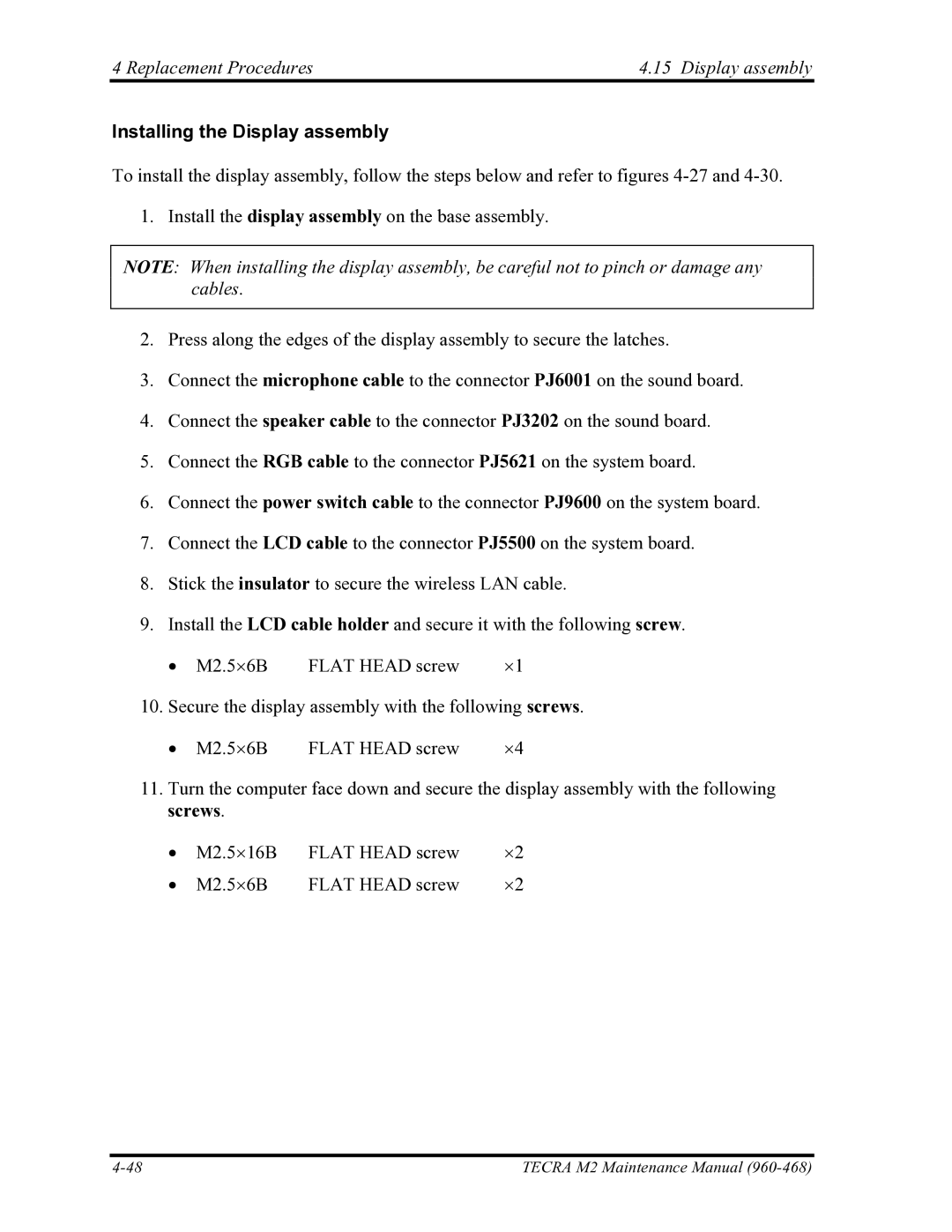 Toshiba tecra m2 manual Replacement Procedures Display assembly, Installing the Display assembly 