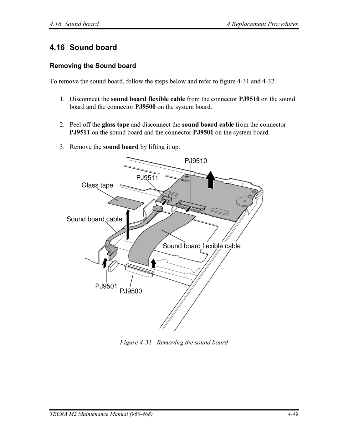 Toshiba tecra m2 manual Sound board Replacement Procedures, Removing the Sound board 