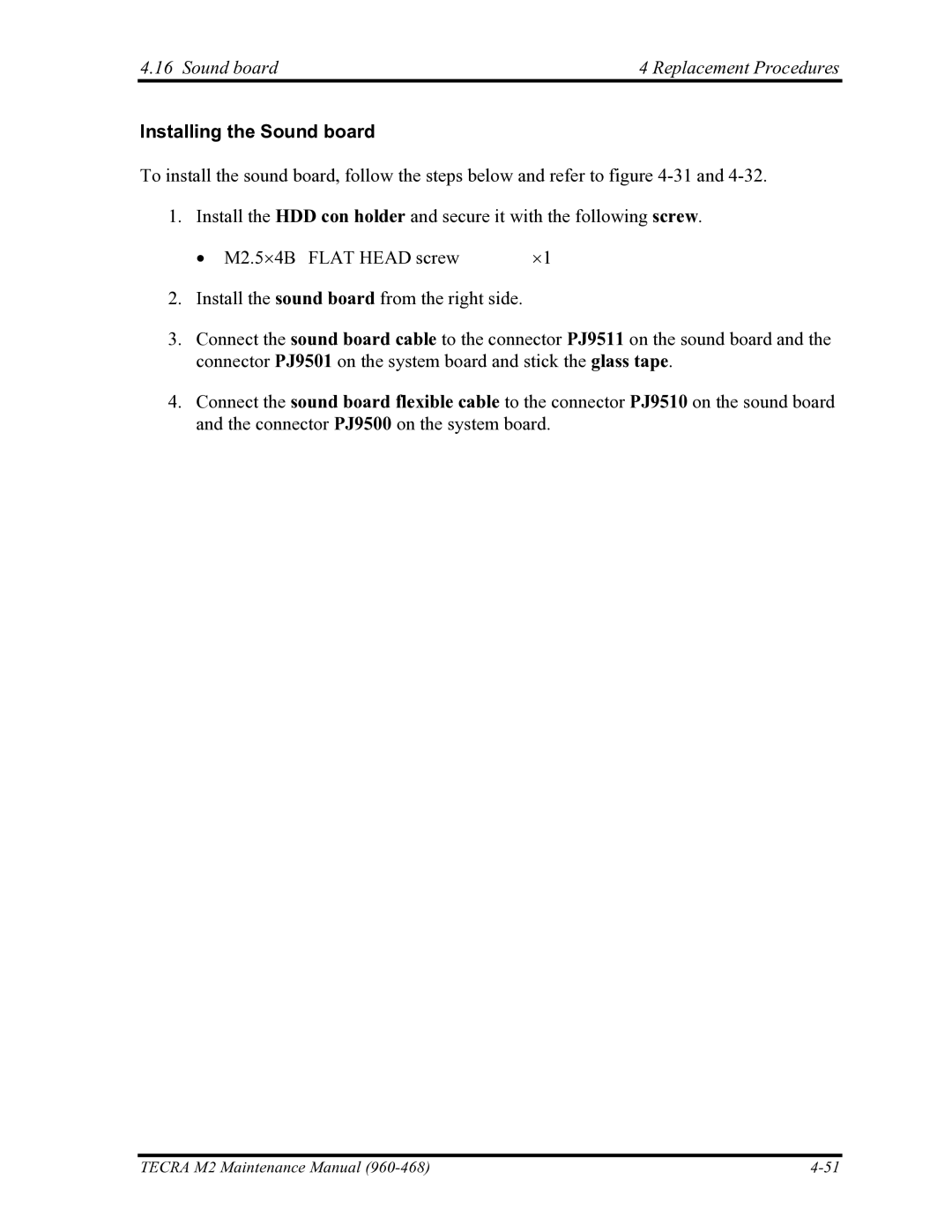Toshiba tecra m2 manual Sound board4 Replacement Procedures, Installing the Sound board 