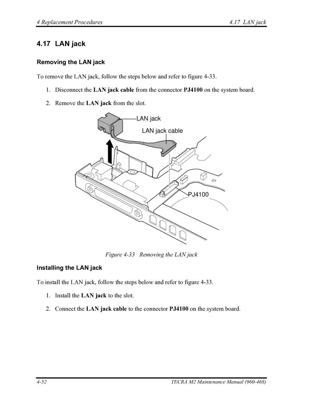 Toshiba tecra m2 manual Replacement Procedures LAN jack, Removing the LAN jack, LAN jack LAN jack cable PJ4100 