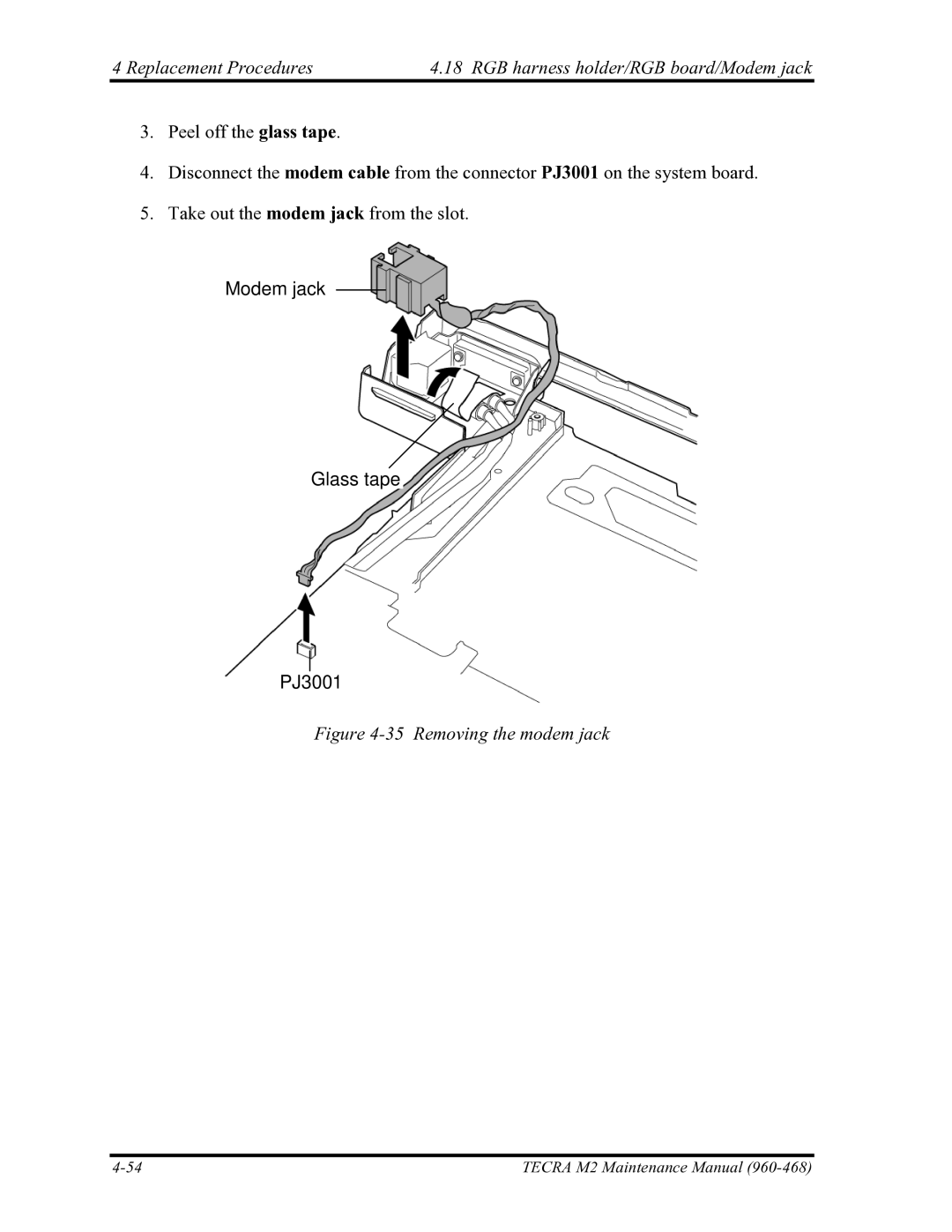 Toshiba tecra m2 manual Modem jack Glass tape PJ3001, Removing the modem jack 