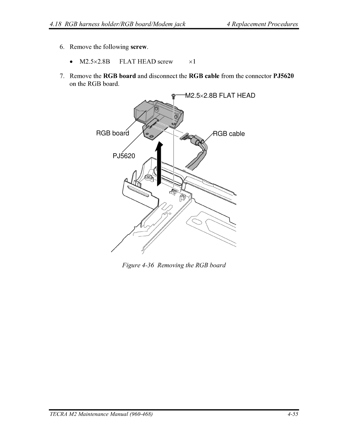 Toshiba tecra m2 manual RGB board RGB cable PJ5620, Removing the RGB board 