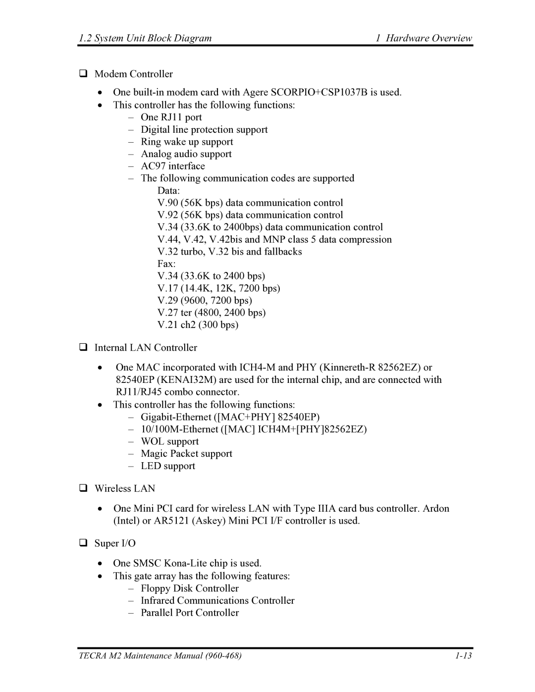 Toshiba tecra m2 manual System Unit Block Diagram Hardware Overview 