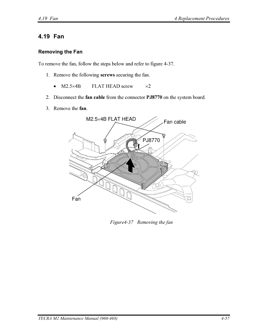 Toshiba tecra m2 manual 19 Fan4 Replacement Procedures, Removing the Fan, Fan cable PJ8770 