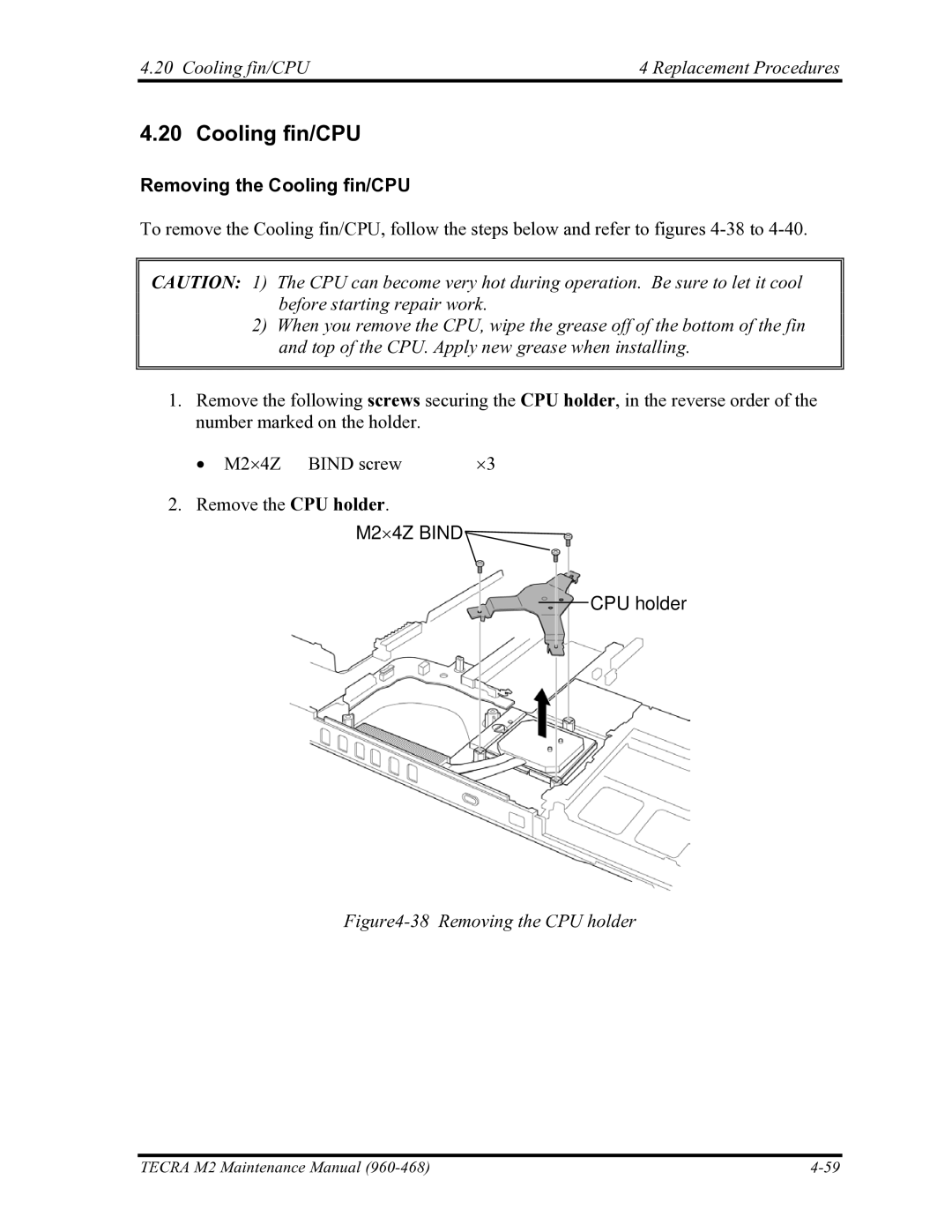 Toshiba tecra m2 manual Cooling fin/CPU Replacement Procedures, Removing the Cooling fin/CPU, CPU holder 