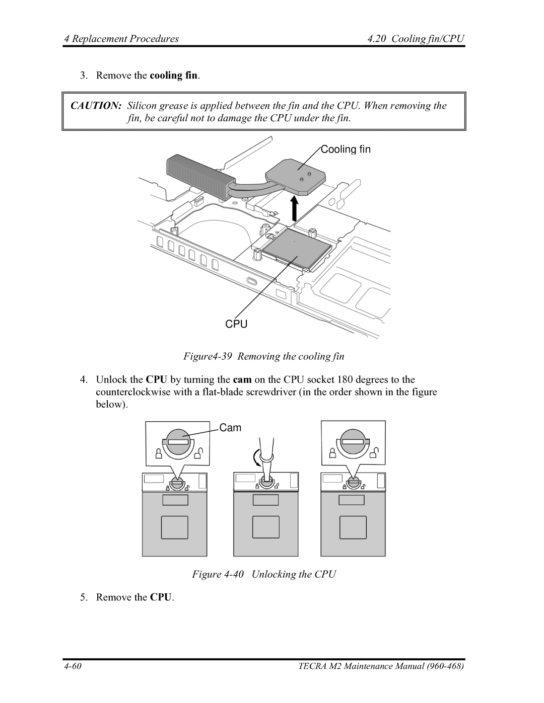 Toshiba tecra m2 manual Replacement Procedures Cooling fin/CPU, Cam 