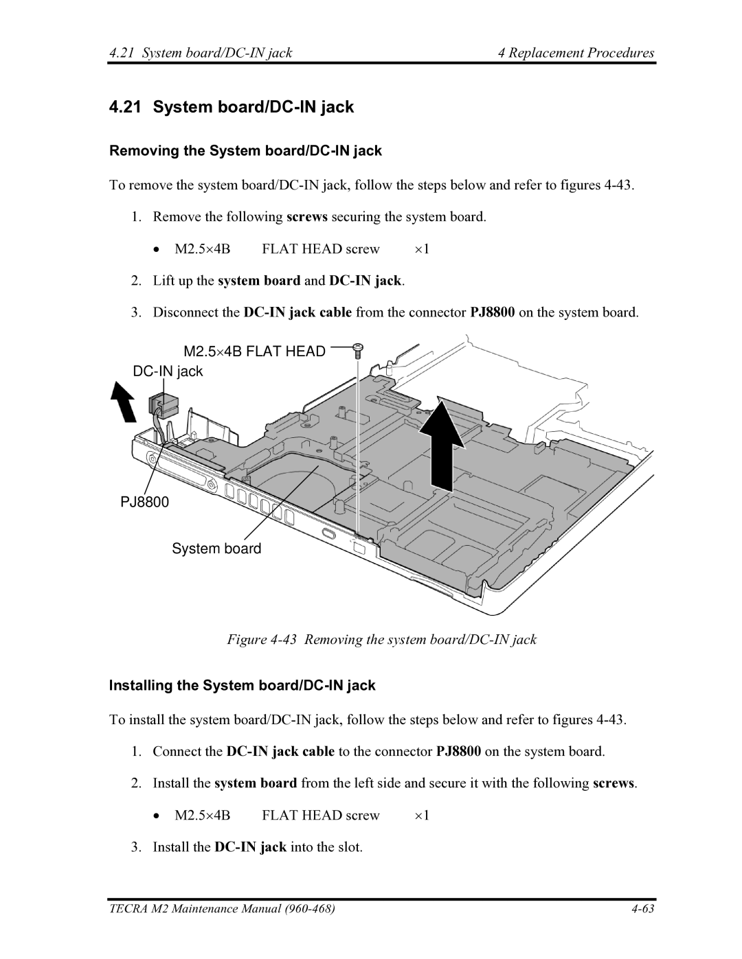 Toshiba tecra m2 manual System board/DC-IN jack4 Replacement Procedures, DC-IN jack PJ8800 System board 