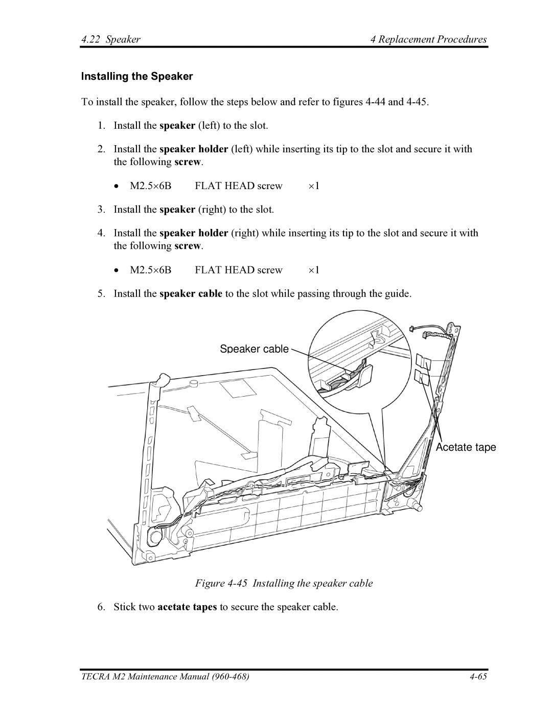 Toshiba tecra m2 manual Speaker Replacement Procedures, Installing the Speaker, Speaker cable Acetate tape 