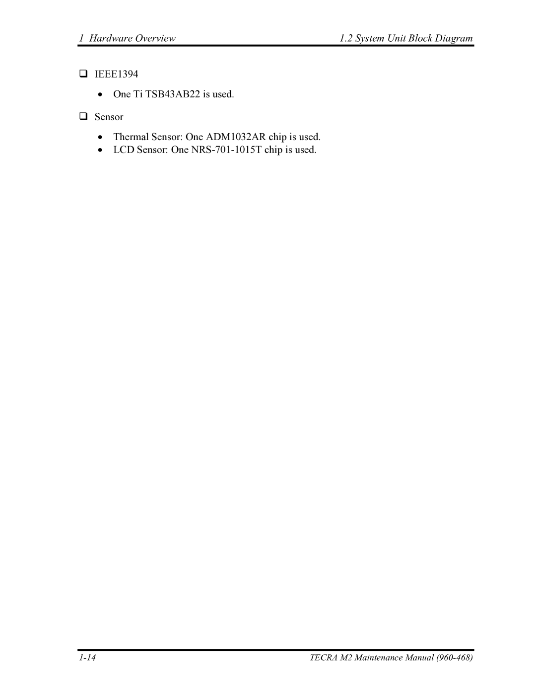 Toshiba tecra m2 manual Hardware Overview System Unit Block Diagram 