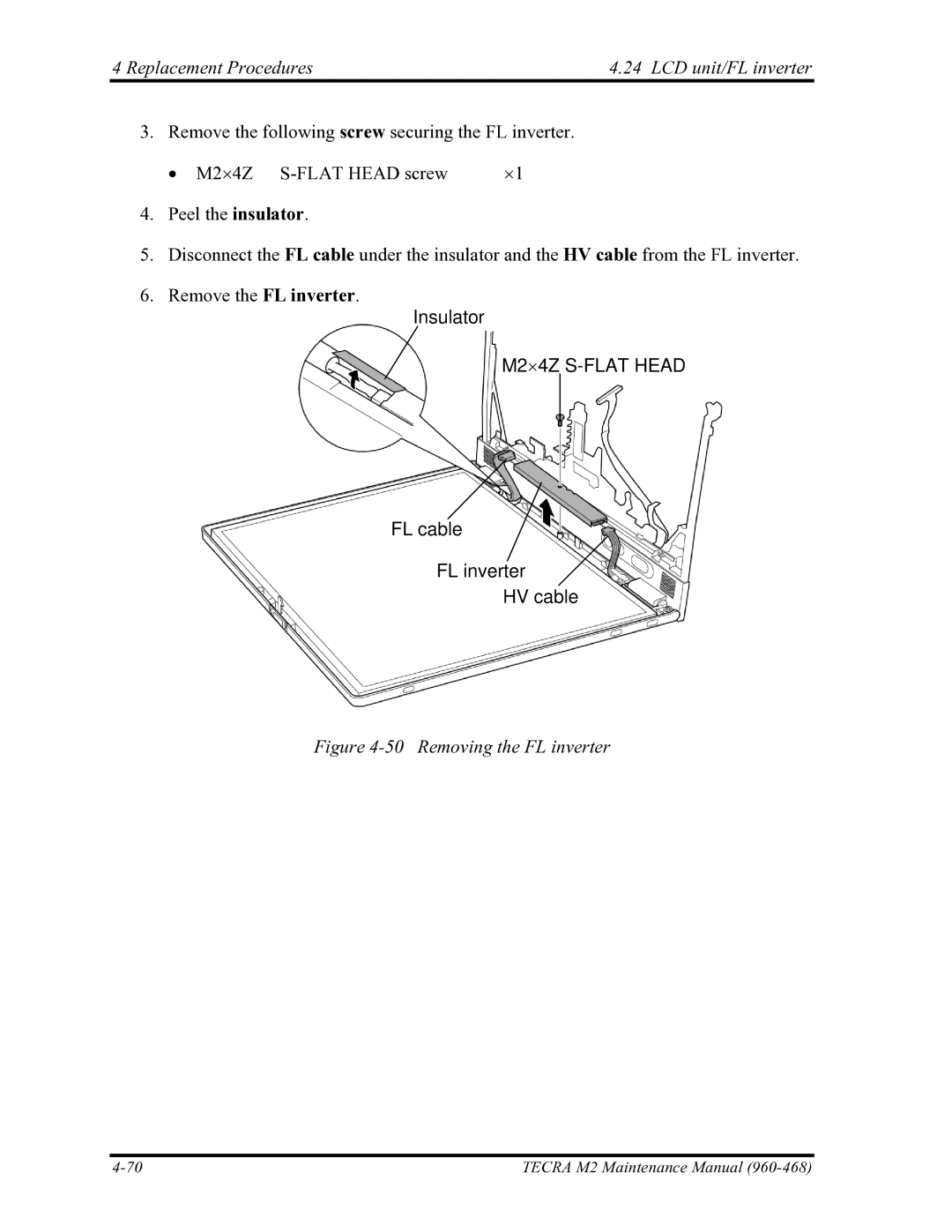 Toshiba tecra m2 manual FL cable FL inverter HV cable, Removing the FL inverter 