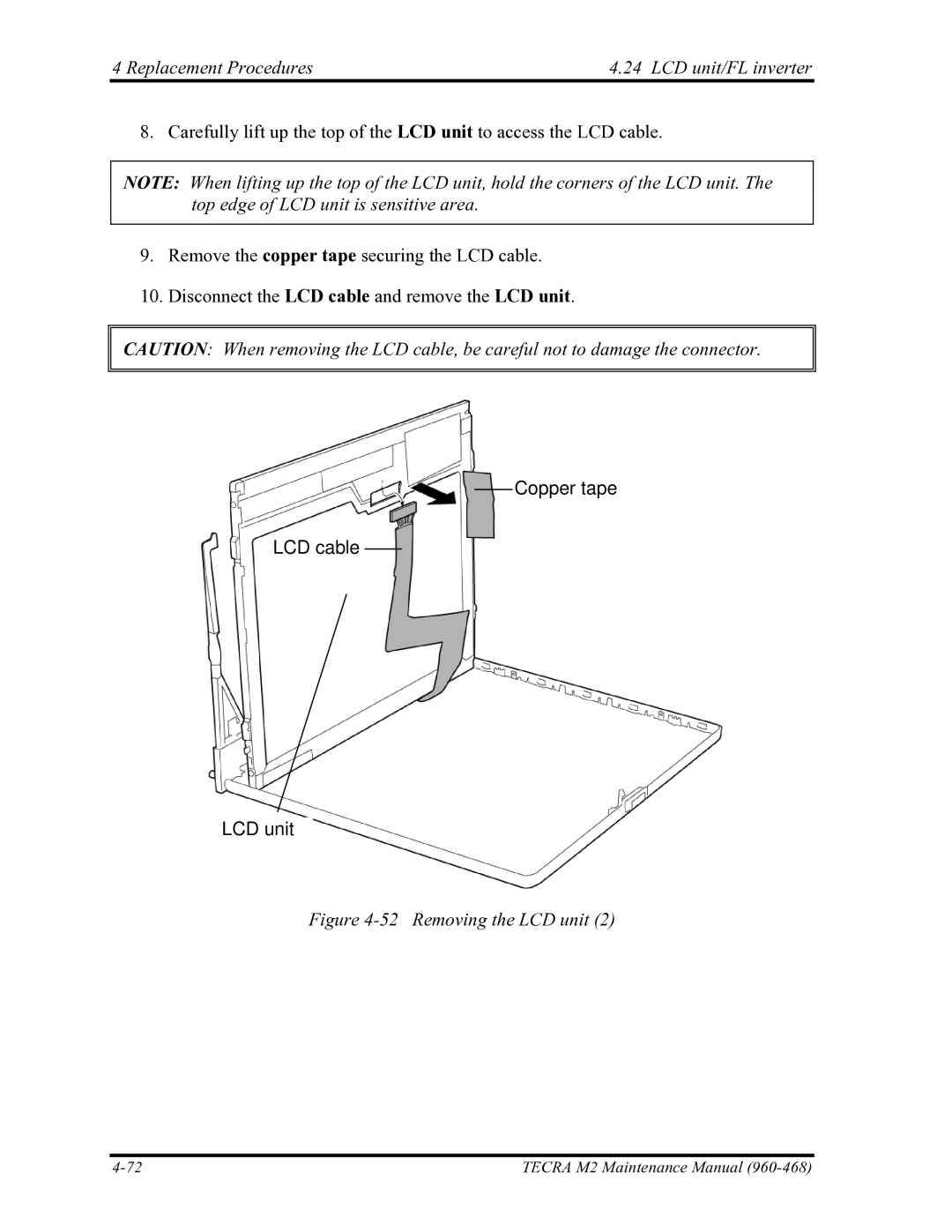 Toshiba tecra m2 manual Replacement Procedures LCD unit/FL inverter, Copper tape LCD cable LCD unit 