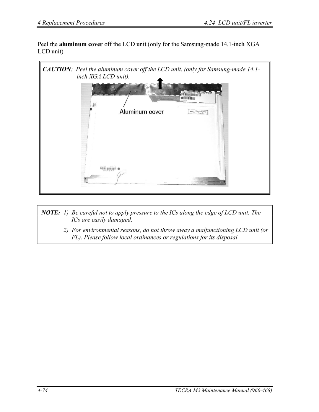 Toshiba tecra m2 manual Replacement Procedures LCD unit/FL inverter 