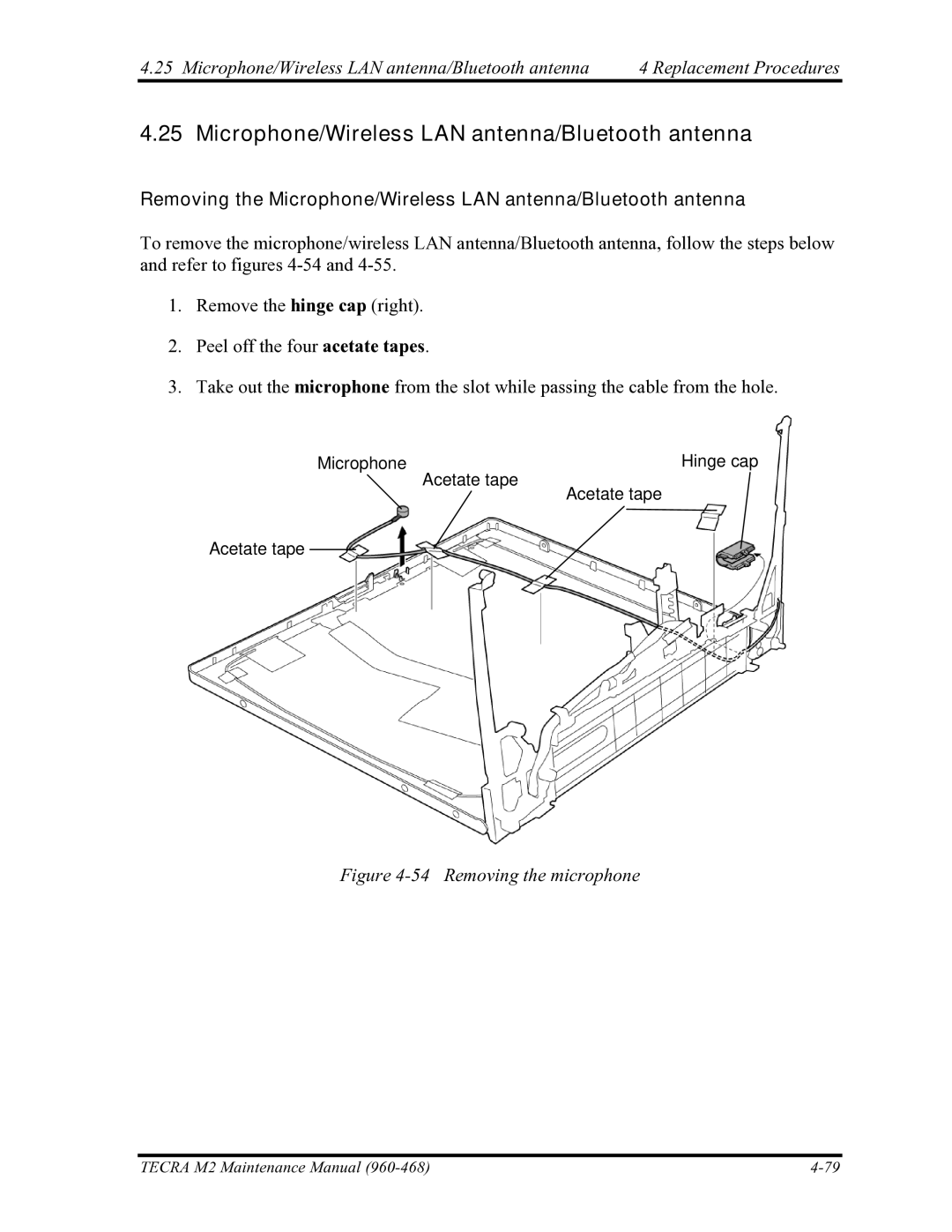 Toshiba tecra m2 manual Microphone/Wireless LAN antenna/Bluetooth antenna, Removing the microphone 