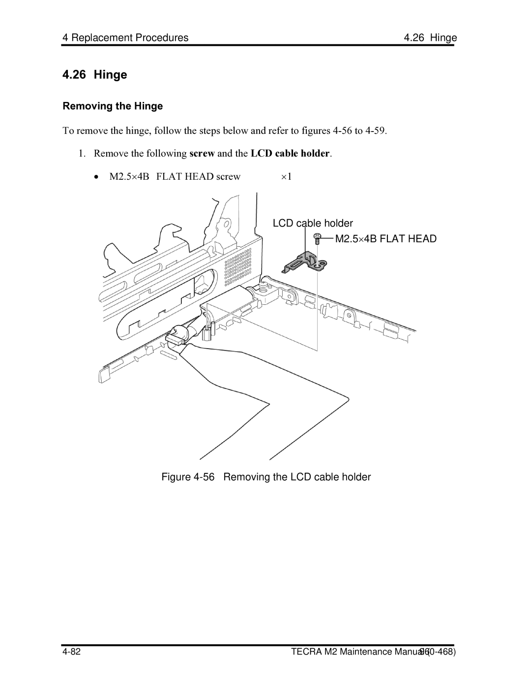 Toshiba tecra m2 manual Replacement Procedures4.26 Hinge, Removing the Hinge, LCD cable holder 