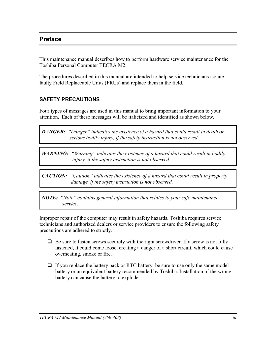 Toshiba tecra m2 manual Preface, Safety Precautions 