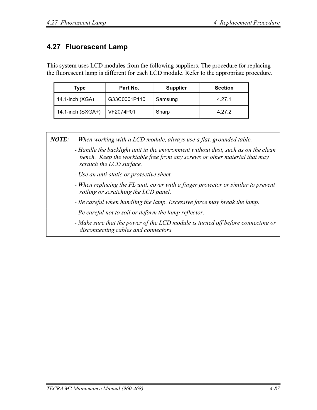 Toshiba tecra m2 manual Fluorescent Lamp Replacement Procedure, Type Supplier Section 