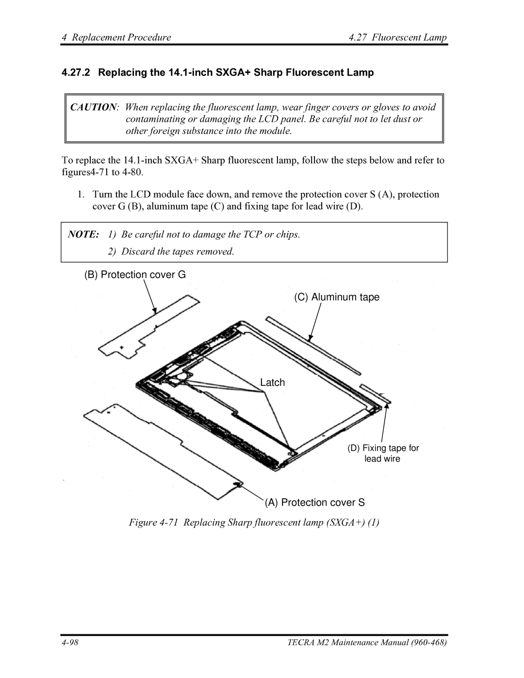 Toshiba tecra m2 manual Replacing the 14.1-inch SXGA+ Sharp Fluorescent Lamp, Discard the tapes removed, Protection cover S 