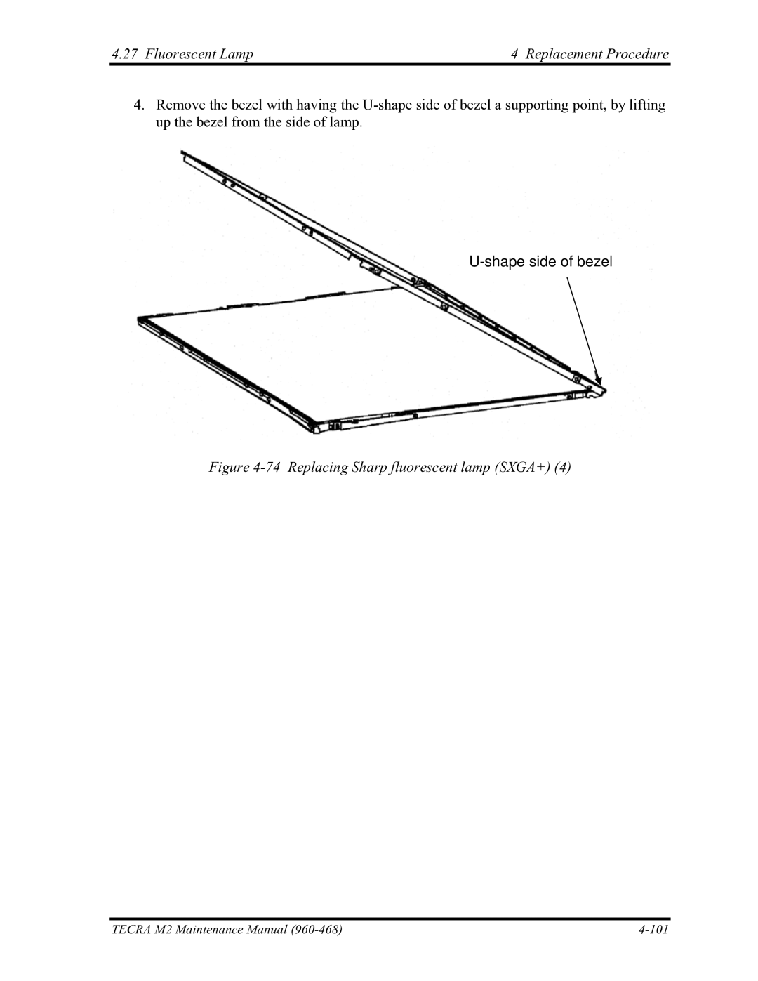 Toshiba tecra m2 manual Shape side of bezel, Replacing Sharp fluorescent lamp SXGA+ 