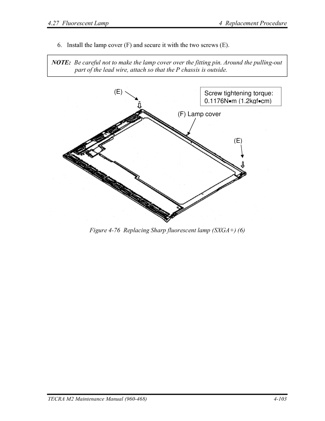 Toshiba tecra m2 manual Screw tightening torque, 1176N m 1.2kgf cm, Lamp cover 
