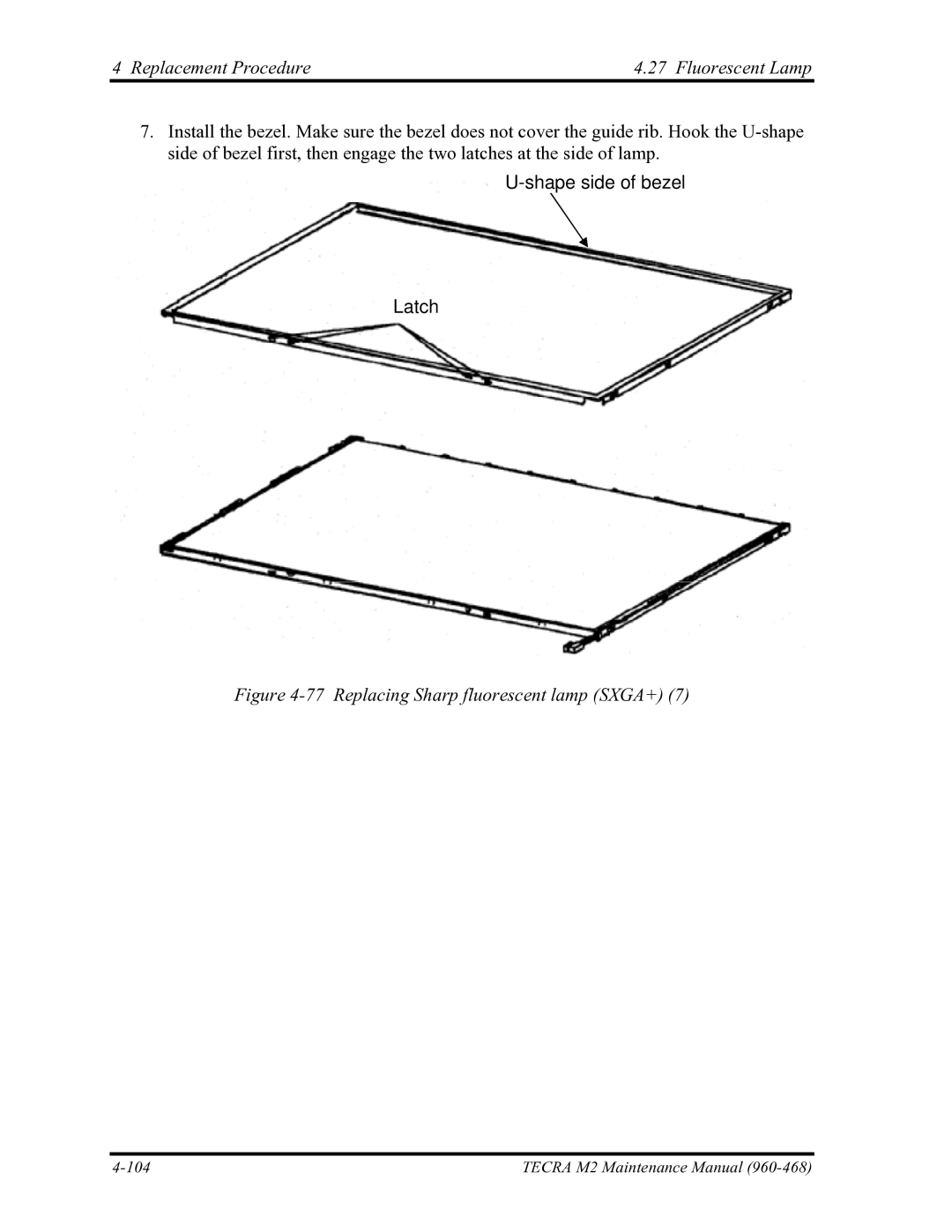 Toshiba tecra m2 manual Shape side of bezel Latch, Replacing Sharp fluorescent lamp SXGA+ 