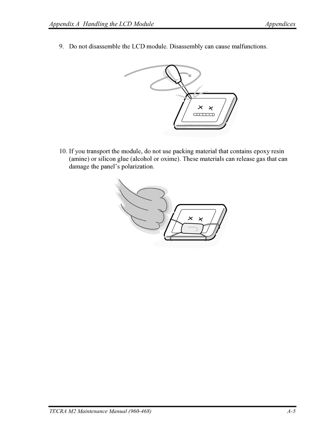 Toshiba tecra m2 manual Appendix a Handling the LCD Module Appendices 