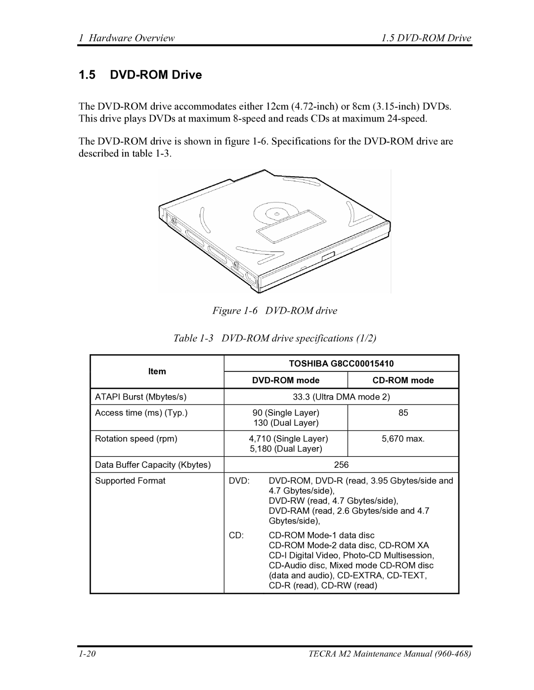 Toshiba tecra m2 manual Hardware Overview DVD-ROM Drive, Toshiba G8CC00015410, DVD-ROM mode CD-ROM mode 