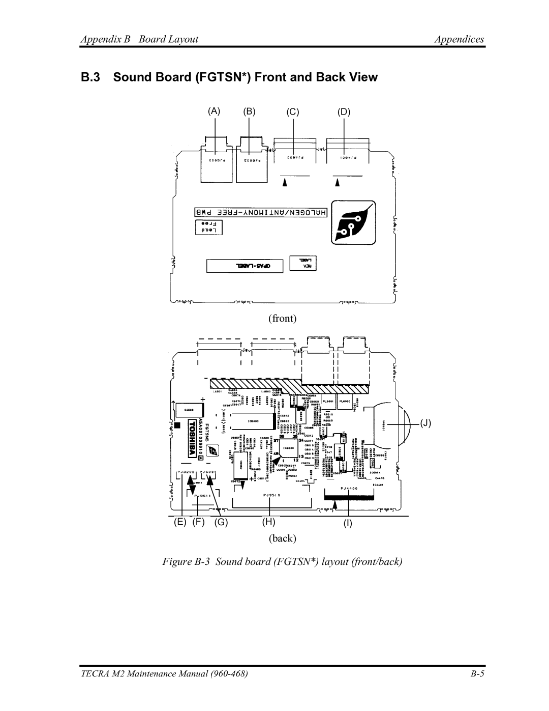 Toshiba tecra m2 manual Sound Board FGTSN* Front and Back View, Figure B-3 Sound board FGTSN* layout front/back 