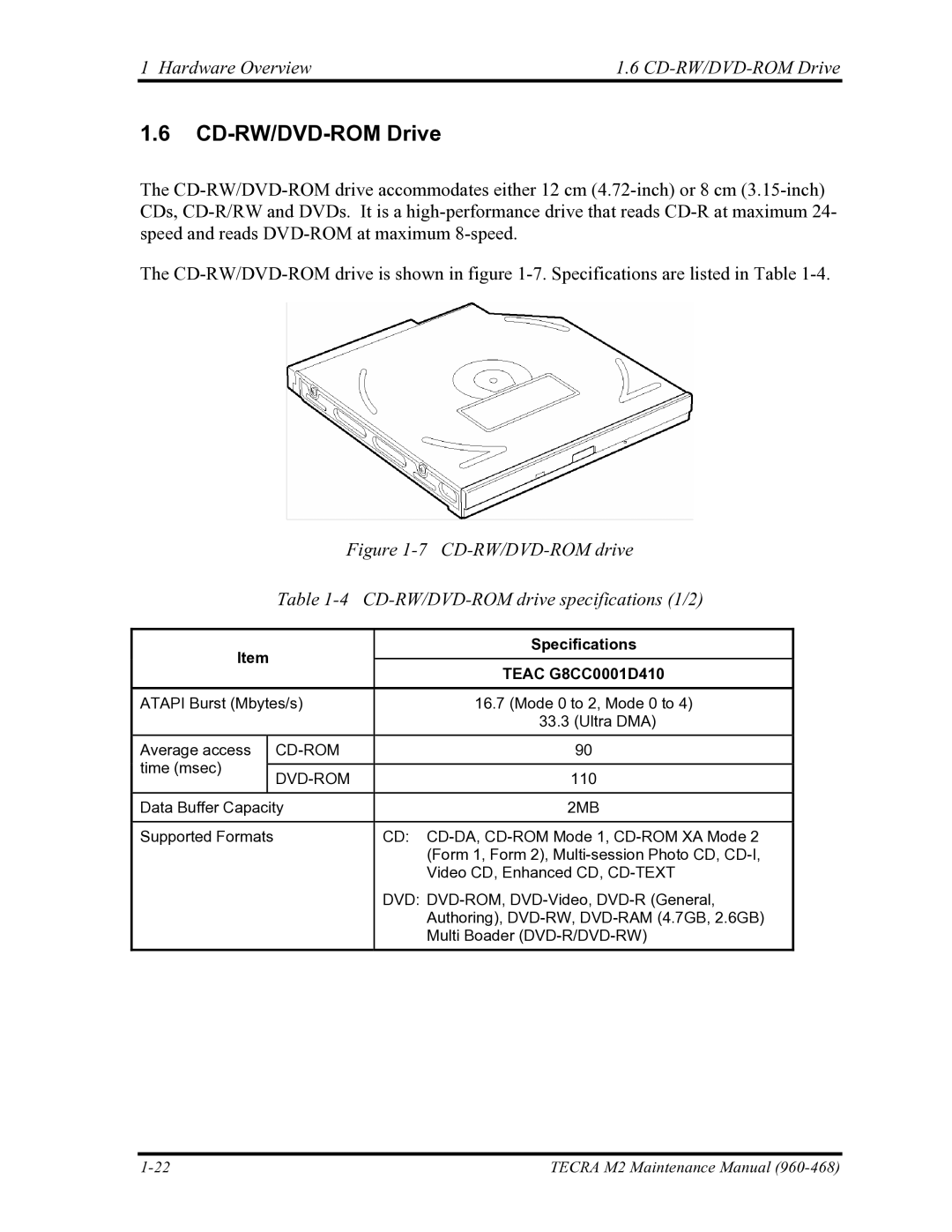 Toshiba tecra m2 manual Hardware Overview CD-RW/DVD-ROM Drive, Teac G8CC0001D410 