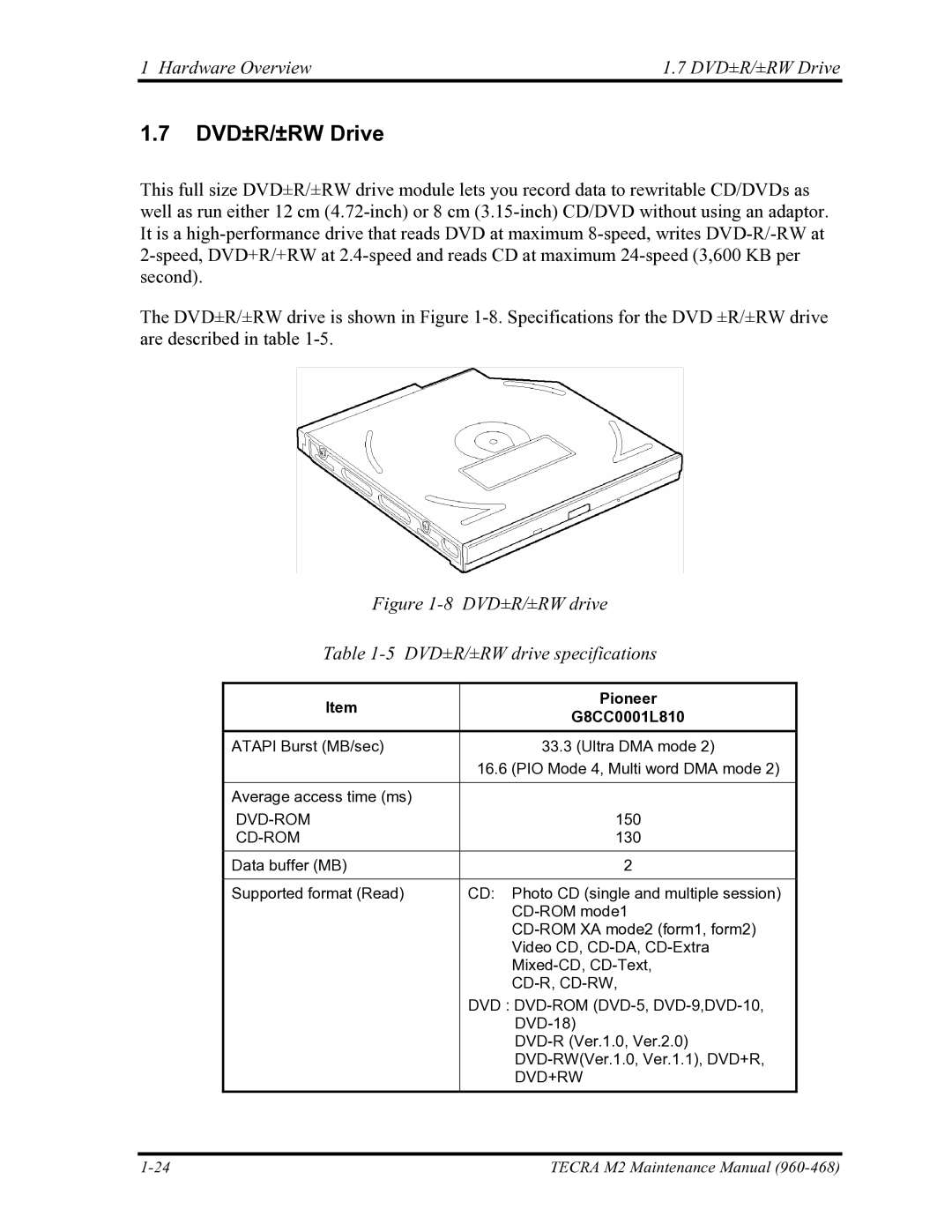 Toshiba tecra m2 manual Hardware Overview DVD±R/±RW Drive, Pioneer, G8CC0001L810 