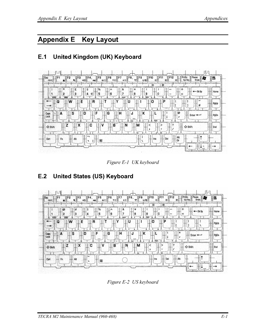 Toshiba tecra m2 manual United Kingdom UK Keyboard, United States US Keyboard, Appendix E Key LayoutAppendices 