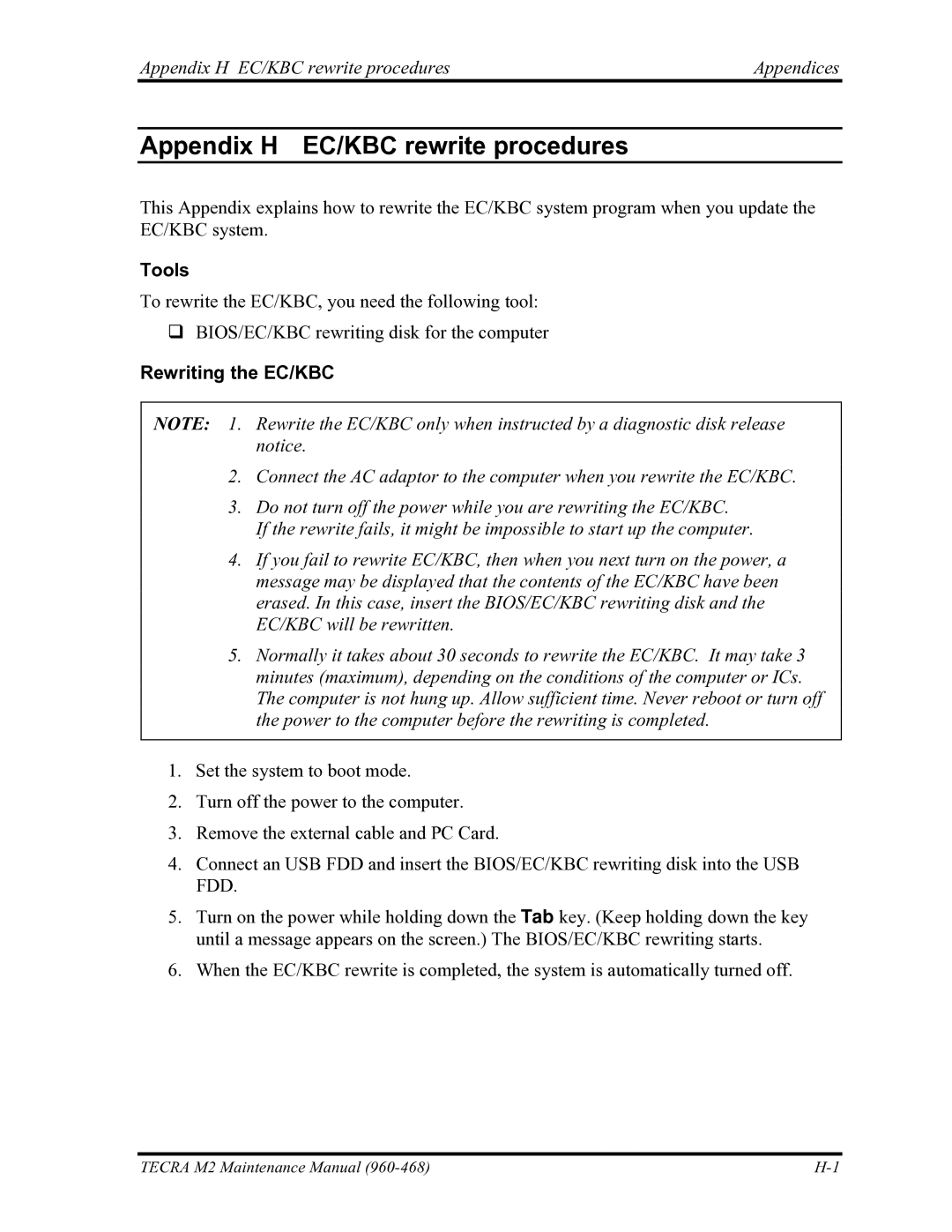 Toshiba tecra m2 manual Appendix H EC/KBC rewrite procedures Appendices, Rewriting the EC/KBC 