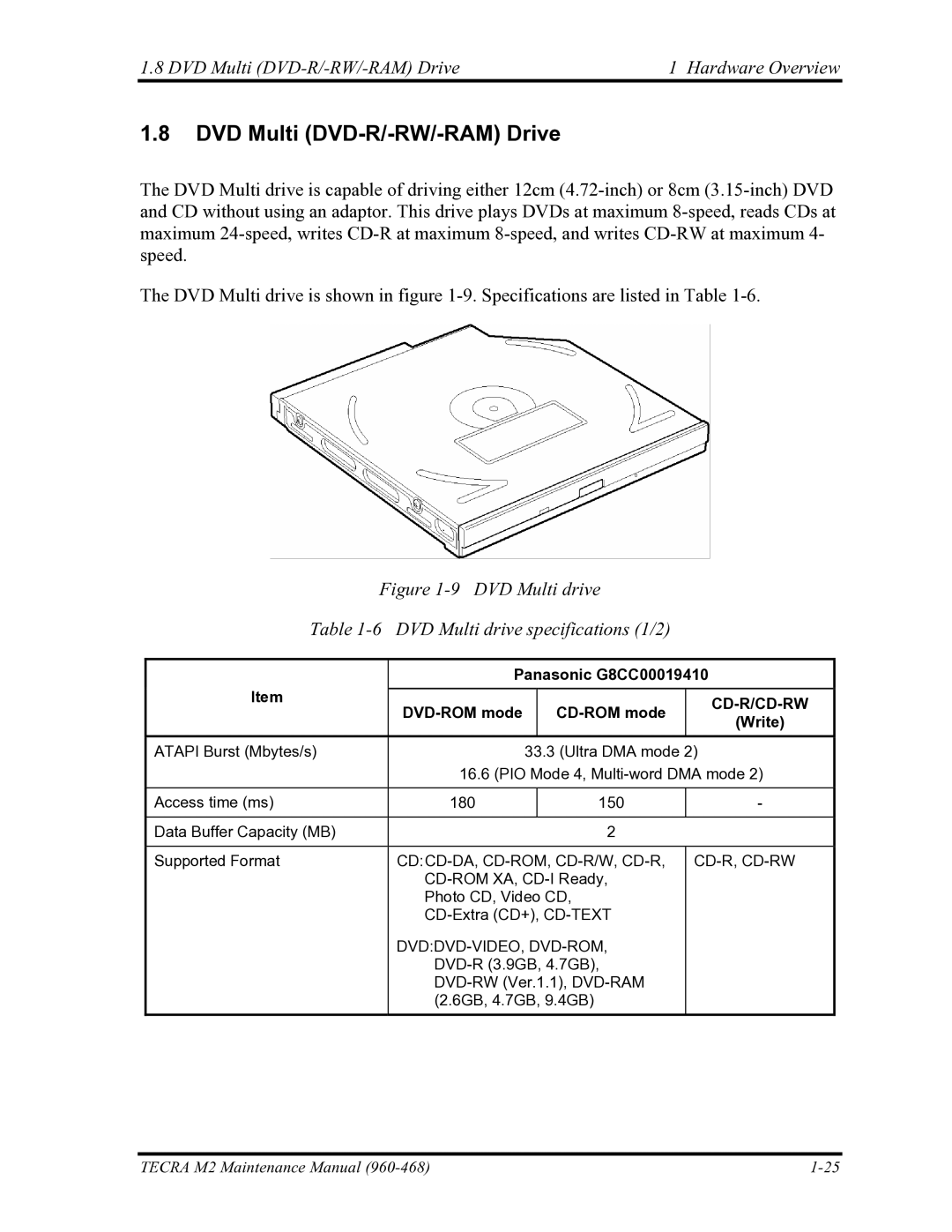 Toshiba tecra m2 manual DVD Multi DVD-R/-RW/-RAM Drive Hardware Overview, Panasonic G8CC00019410, Write 