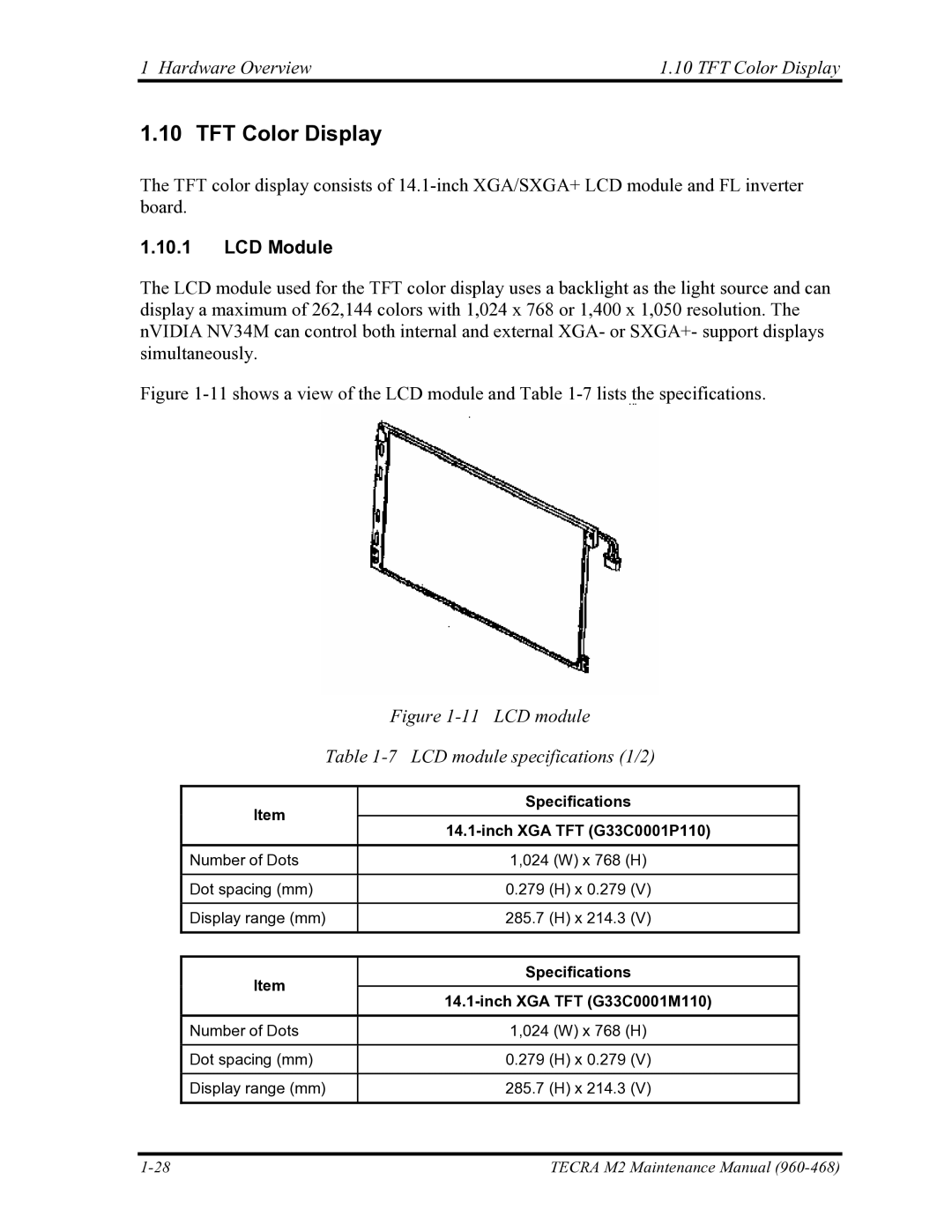 Toshiba tecra m2 manual Hardware Overview TFT Color Display, LCD Module, LCD module specifications 1/2 