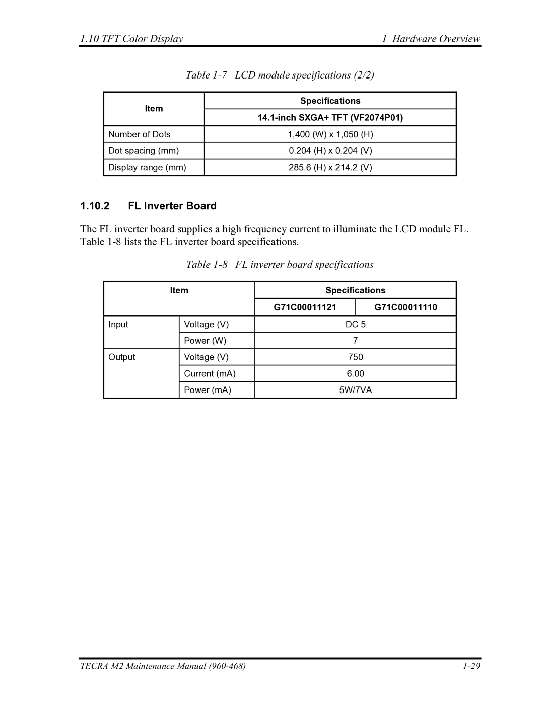 Toshiba tecra m2 manual FL Inverter Board, FL inverter board specifications, Specifications Inch SXGA+ TFT VF2074P01 