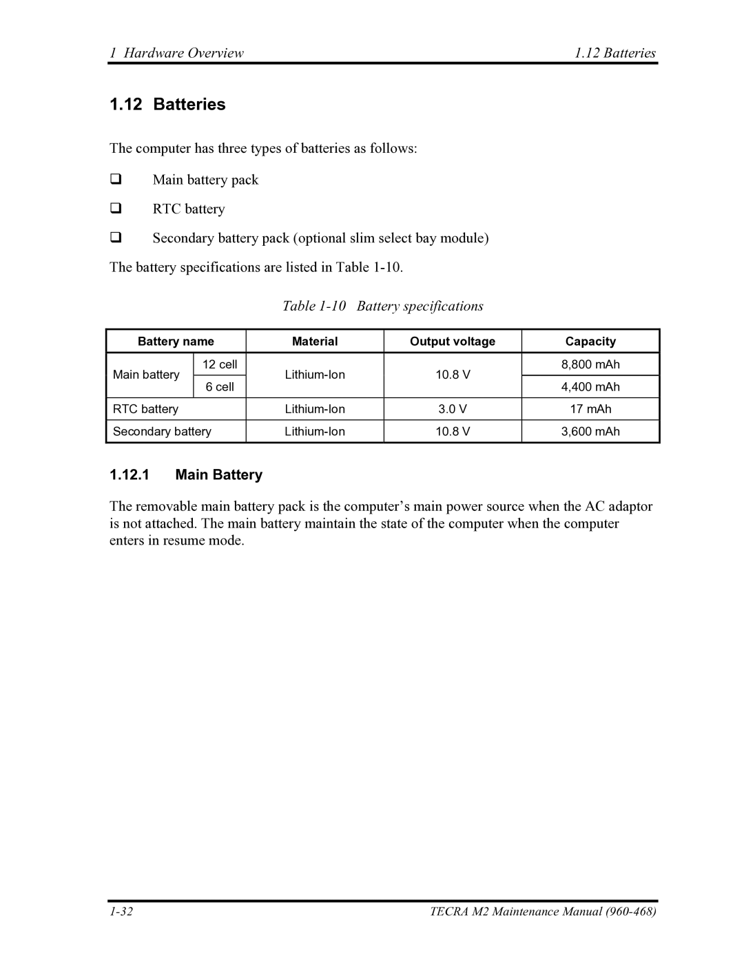 Toshiba tecra m2 manual Hardware Overview Batteries, Battery specifications, Main Battery 