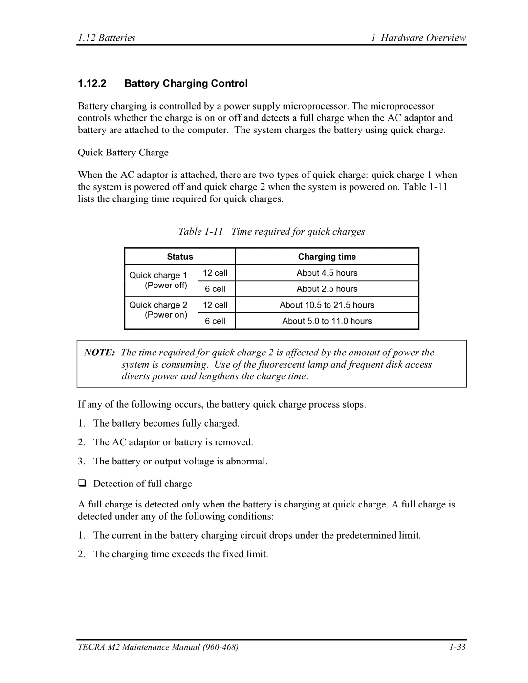 Toshiba tecra m2 manual Batteries Hardware Overview, Battery Charging Control, Time required for quick charges 