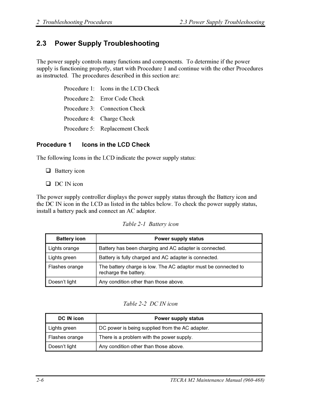 Toshiba tecra m2 manual Troubleshooting Procedures Power Supply Troubleshooting, Procedure 1 Icons in the LCD Check 