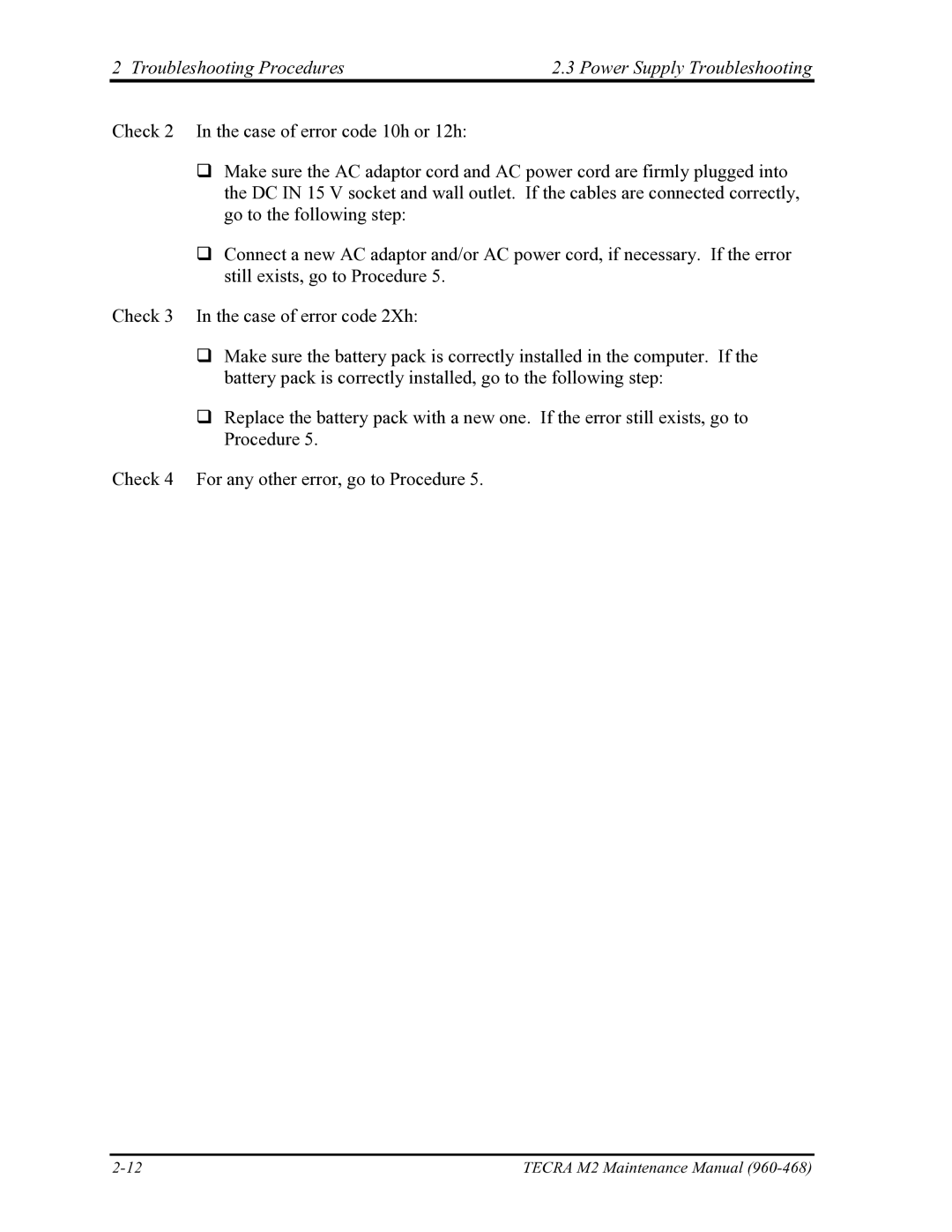Toshiba tecra m2 manual Troubleshooting Procedures Power Supply Troubleshooting 