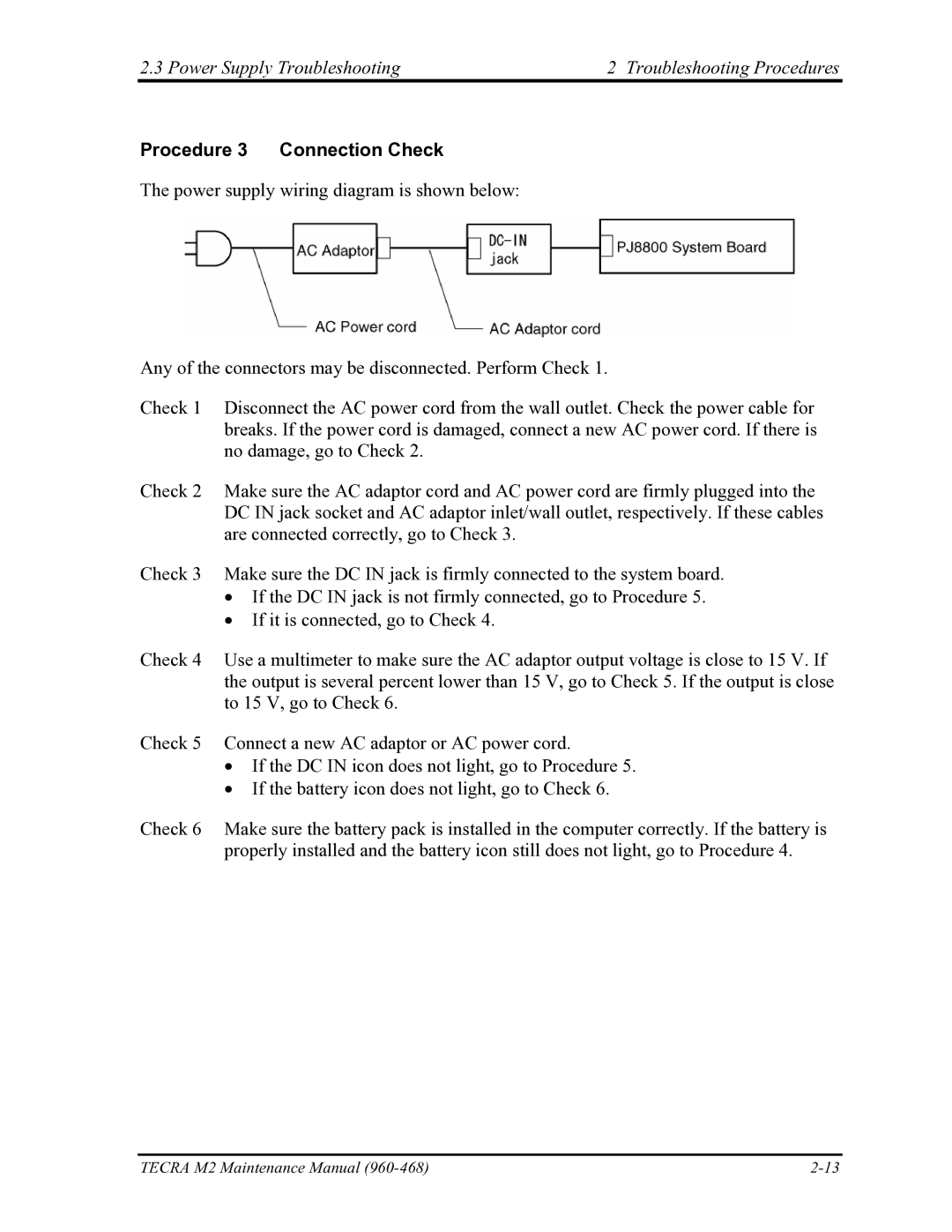 Toshiba tecra m2 manual Procedure 3 Connection Check 