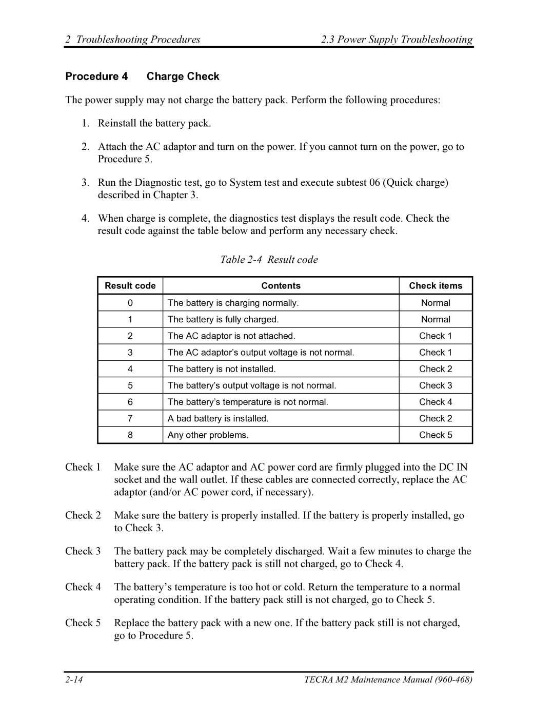 Toshiba tecra m2 manual Result code Contents Check items 