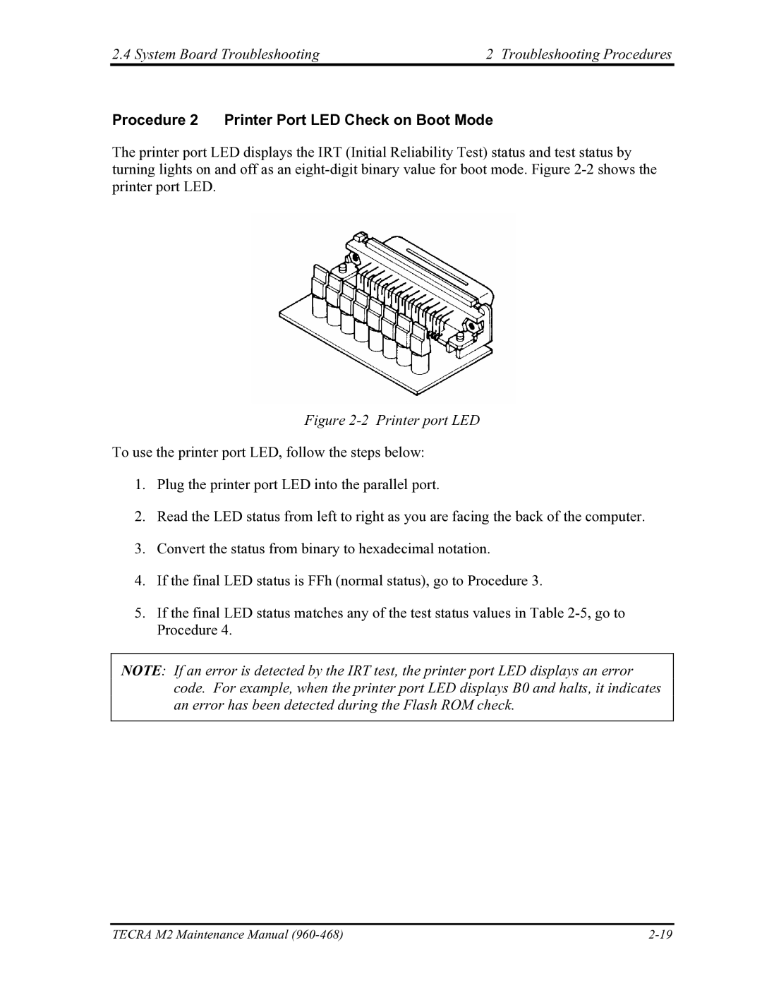 Toshiba tecra m2 manual Procedure 2 Printer Port LED Check on Boot Mode, Printer port LED 