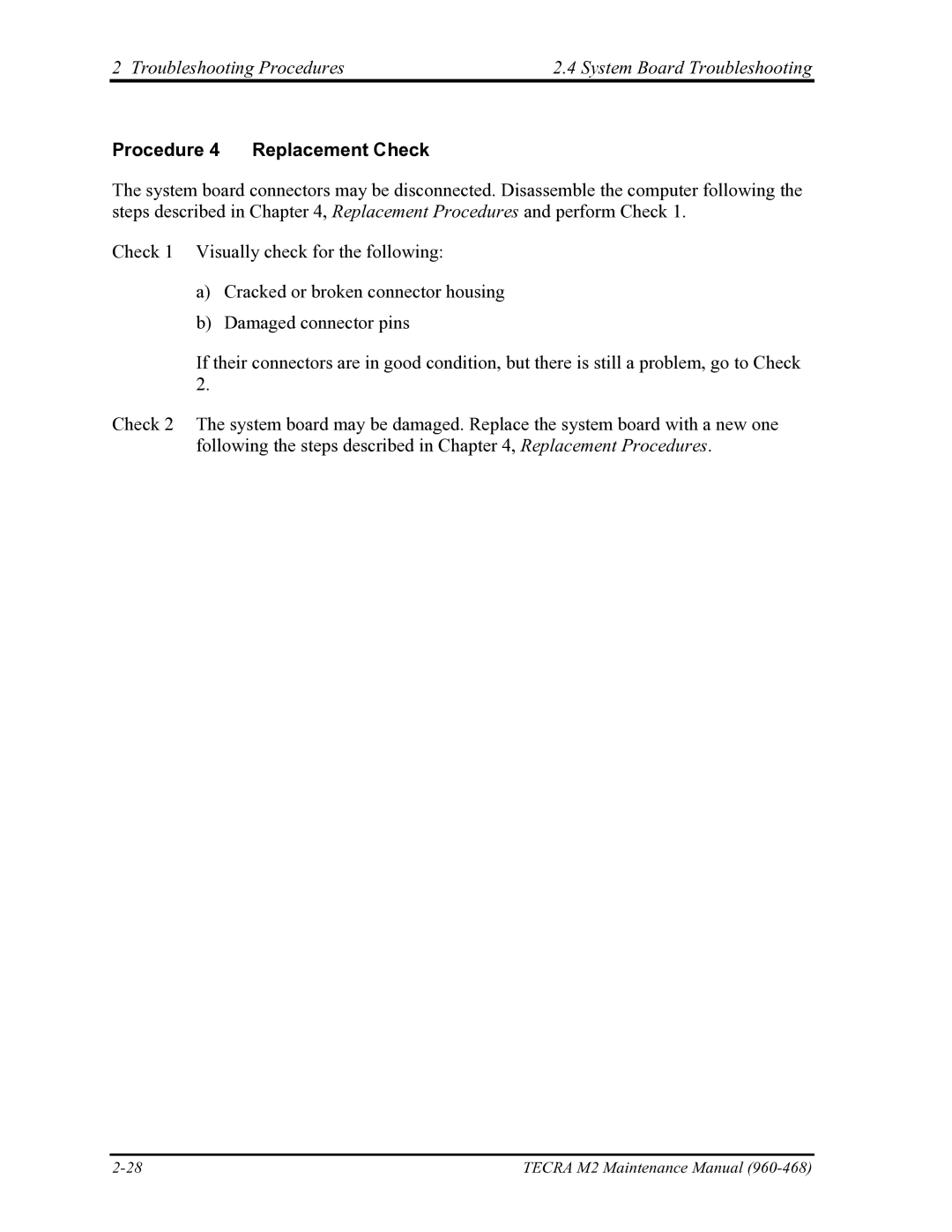 Toshiba tecra m2 manual Troubleshooting Procedures System Board Troubleshooting, Procedure 4 Replacement Check 