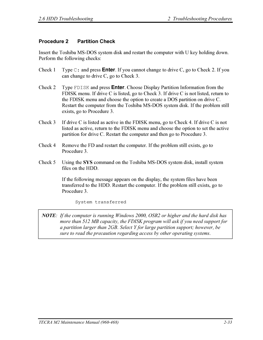 Toshiba tecra m2 manual HDD Troubleshooting Troubleshooting Procedures, Procedure 2 Partition Check 