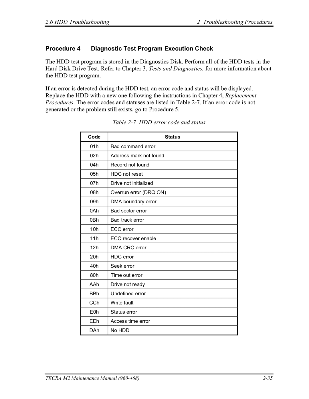 Toshiba tecra m2 manual Procedure 4 Diagnostic Test Program Execution Check, HDD error code and status 