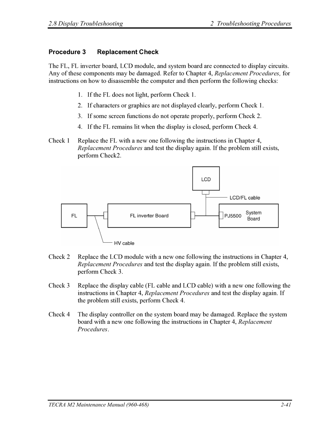 Toshiba tecra m2 manual Display Troubleshooting Troubleshooting Procedures, Procedure 3 Replacement Check 
